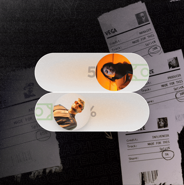 United Masters Split Pay animation showing 2 artists being paid 50% each. 