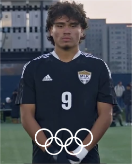 UnitedMasters + Olympics Sync - A man in a soccer jersey in an image with a white Olympic white logo on top of the image