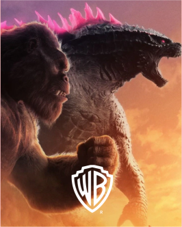 Profiles of Godzilla and King Kong  facing right, with a white Warner Brothers logo on top of the image